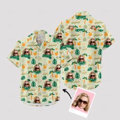 White Hawaiian shirt womens with palm trees oranges and face pattern