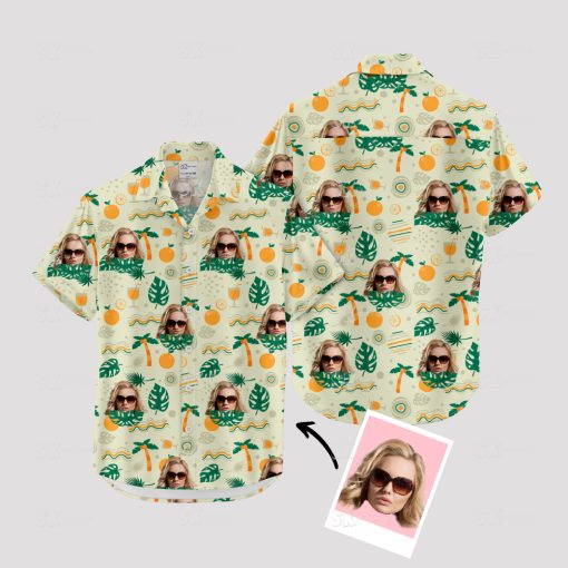 White Hawaiian shirt womens with palm trees oranges and face pattern