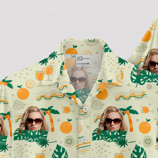 White Hawaiian shirt womens with palm trees oranges and face pattern
