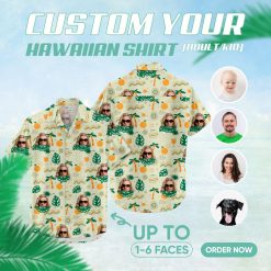 White Hawaiian shirt womens with palm trees oranges and face pattern