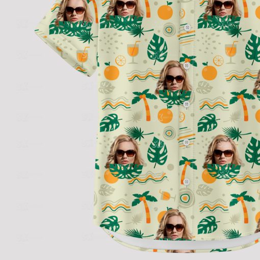 White Hawaiian shirt womens with palm trees oranges and face pattern