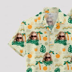 White Hawaiian shirt womens with palm trees oranges and face pattern