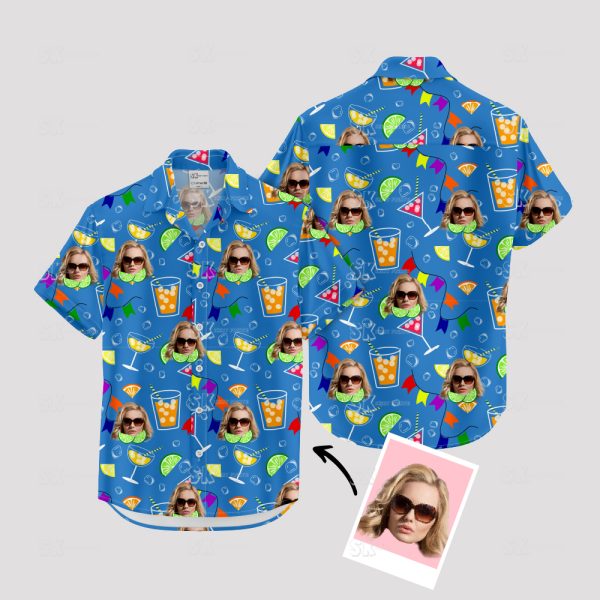 Blue Hawaiian Shirt with Cocktail Print and Faces – Fun Summer Shirt
