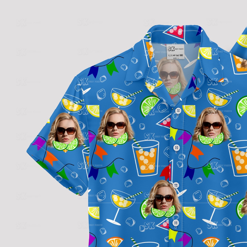 Blue Hawaiian shirt with cocktail glasses, faces, and party flags pattern