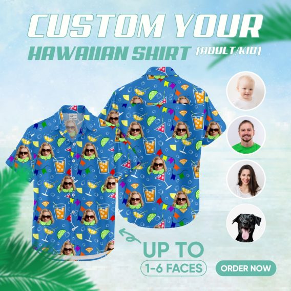 Blue Hawaiian shirt with cocktail glasses, faces, and party flags pattern
