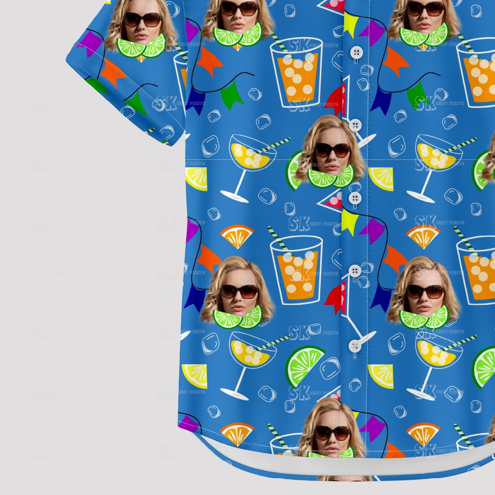 Blue Hawaiian shirt with cocktail glasses, faces, and party flags pattern