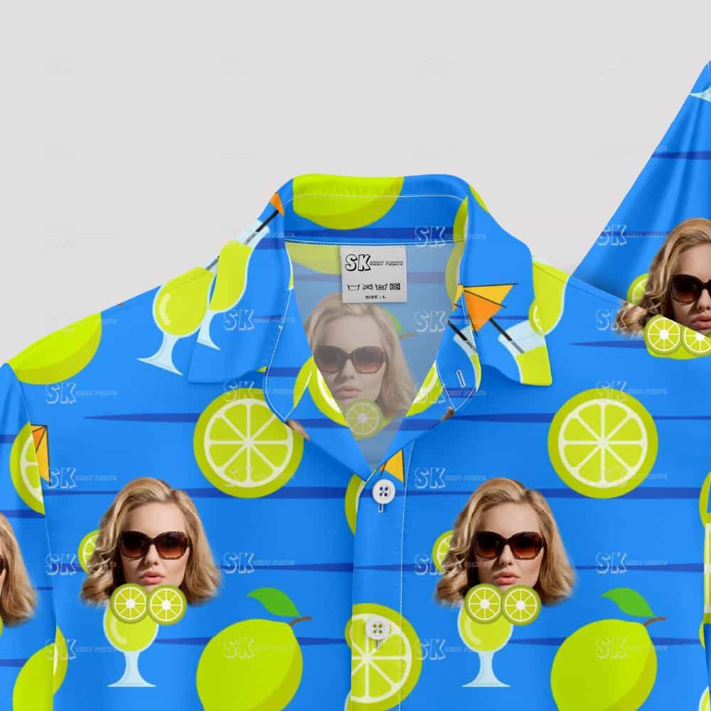 Blue tropical shirt with citrus slices, woman's face, cocktail glasses
