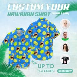 Blue tropical shirt with citrus slices, woman's face, cocktail glasses