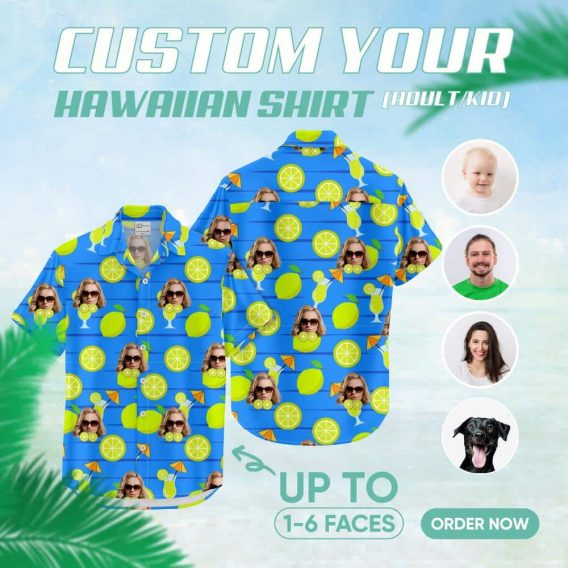 Blue tropical shirt with citrus slices, woman's face, cocktail glasses