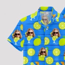 Blue tropical shirt with citrus slices, woman's face, cocktail glasses