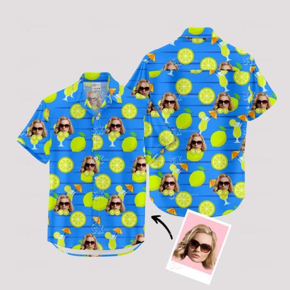 Blue tropical shirt with citrus slices, woman's face, cocktail glasses