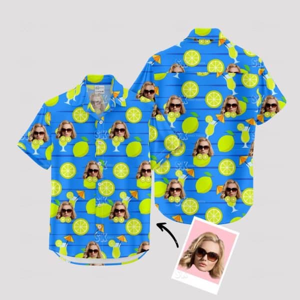 Blue Tropical Shirt with Citrus & Face Print – Fun Summer Style