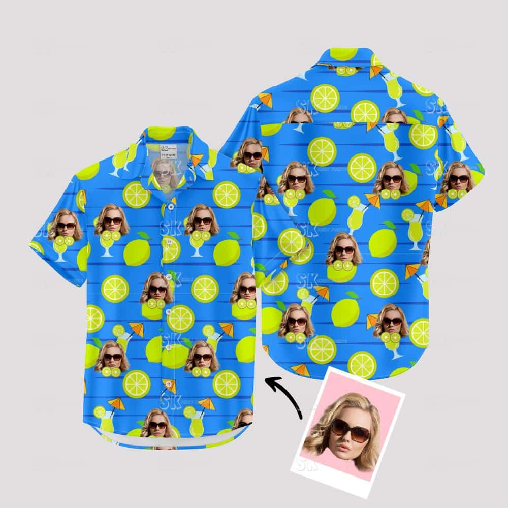 Blue tropical shirt with citrus slices, woman's face, cocktail glasses