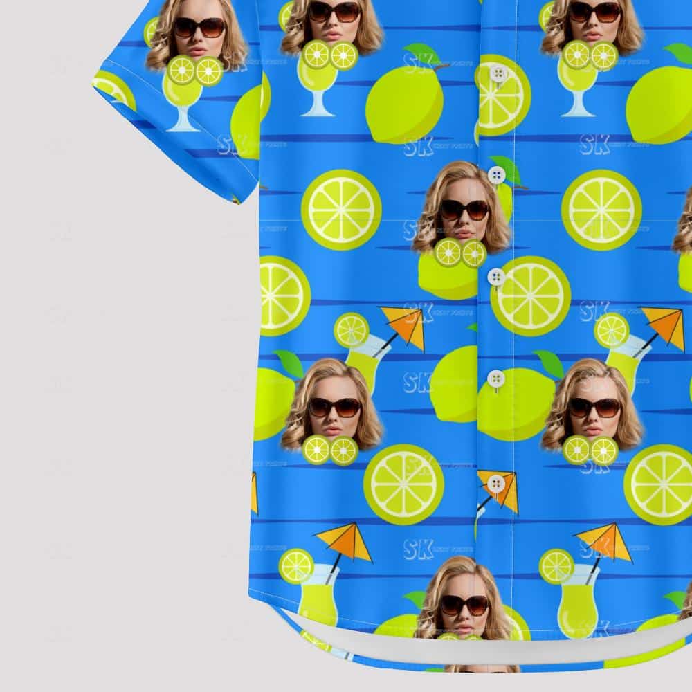 Blue tropical shirt with citrus slices, woman's face, cocktail glasses