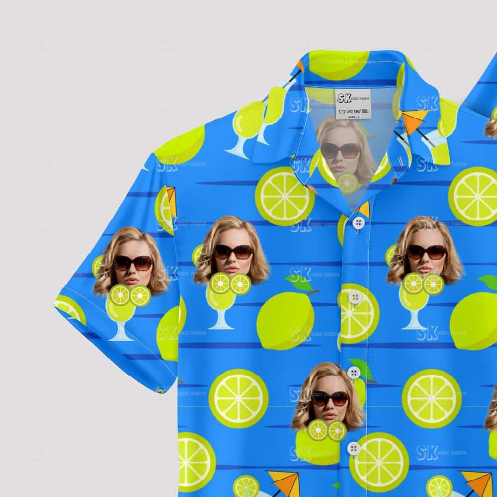 Blue tropical shirt with citrus slices, woman's face, cocktail glasses