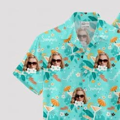 Custom face Hawaiian shirt with sunglasses, tropical leaves, flowers, 'Summer' text