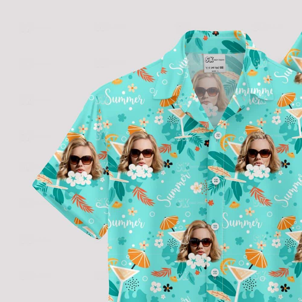 Custom face Hawaiian shirt with sunglasses, tropical leaves, flowers, 'Summer' text