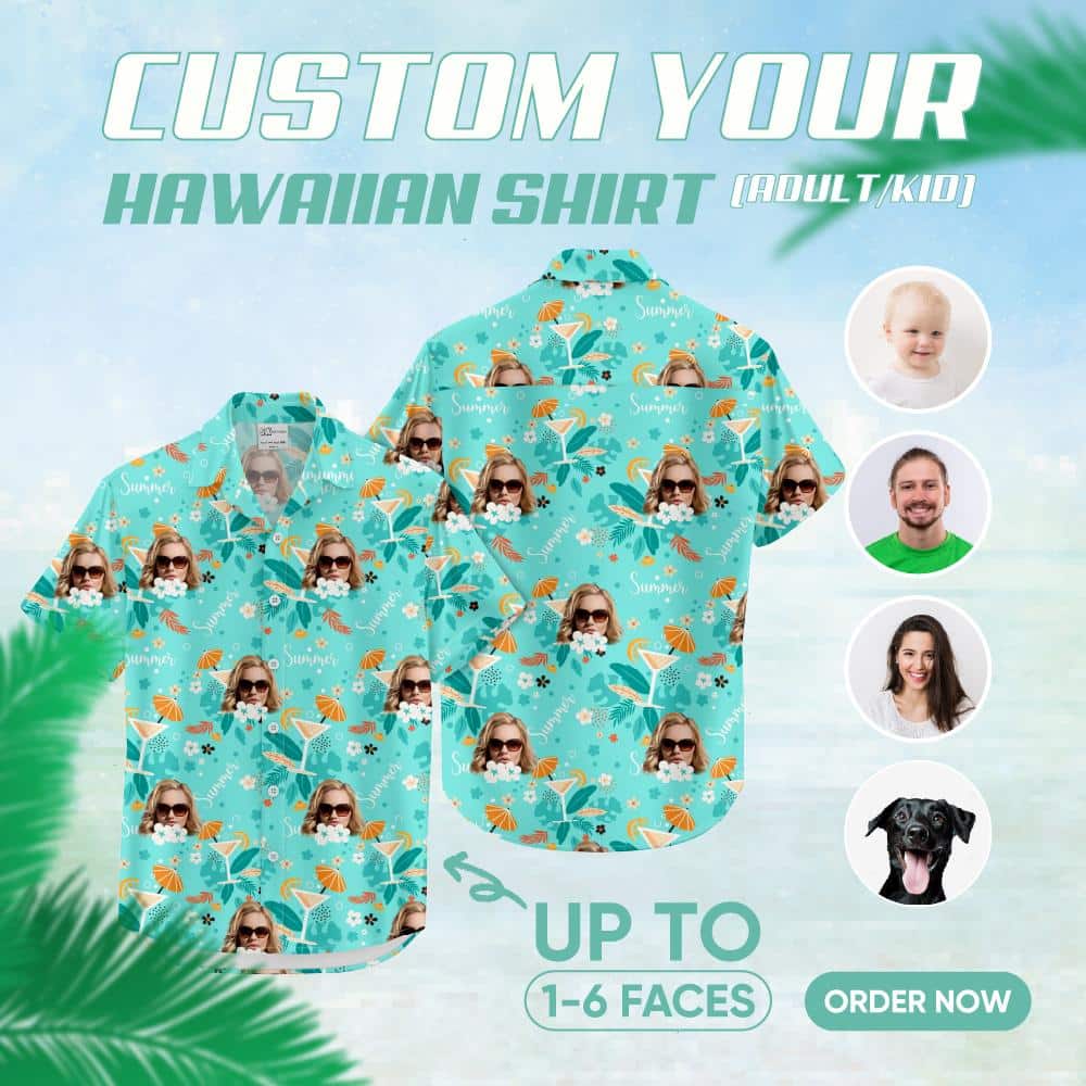 Custom face Hawaiian shirt with sunglasses, tropical leaves, flowers, 'Summer' text