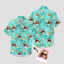 Custom face Hawaiian shirt with sunglasses, tropical leaves, flowers, 'Summer' text