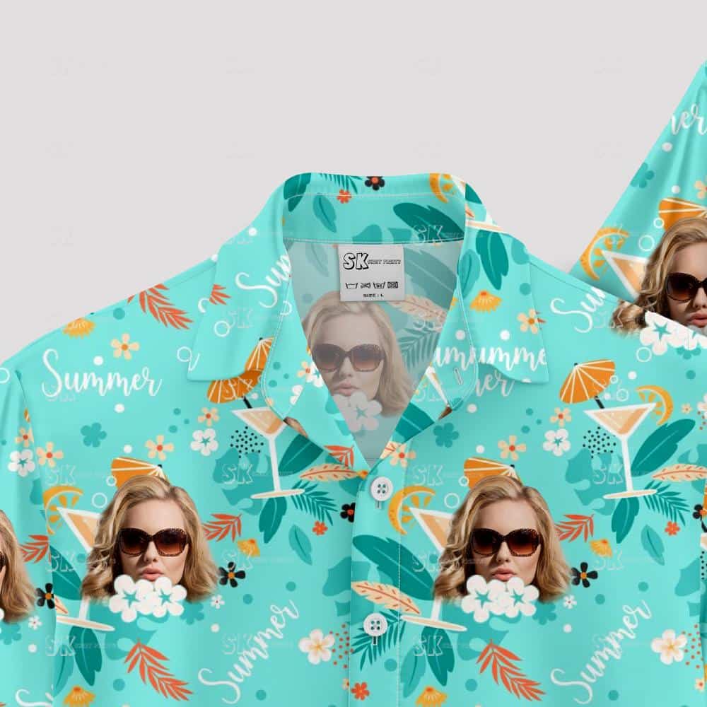 Custom face Hawaiian shirt with sunglasses, tropical leaves, flowers, 'Summer' text
