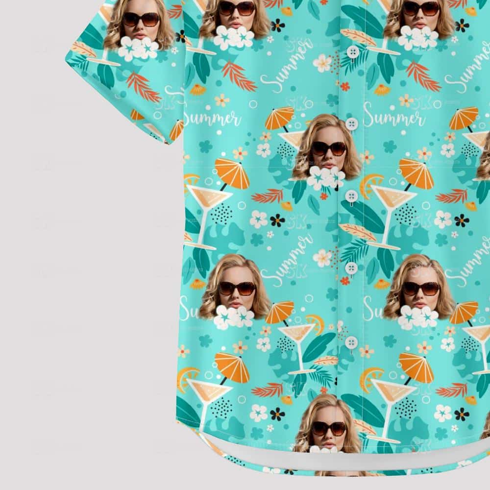 Custom face Hawaiian shirt with sunglasses, tropical leaves, flowers, 'Summer' text