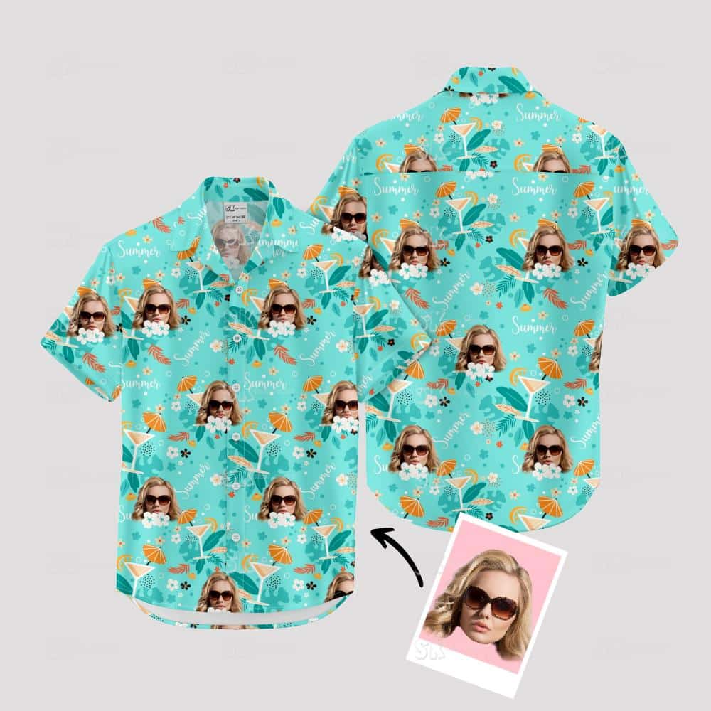 Custom face Hawaiian shirt with sunglasses, tropical leaves, flowers, 'Summer' text