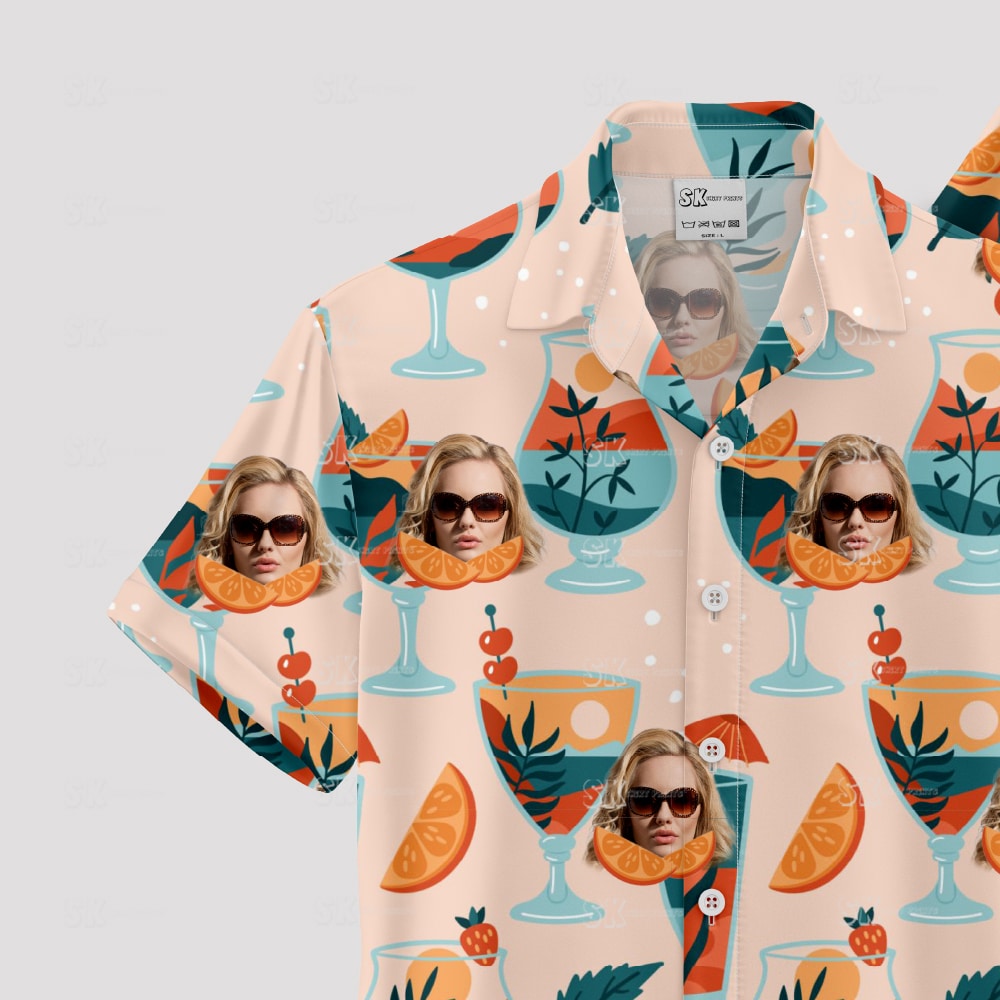 custom hawaiian shirts with face, drinks, sunglasses, colorful leaves, summer