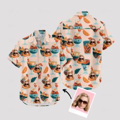 custom hawaiian shirts with face, drinks, sunglasses, colorful leaves, summer