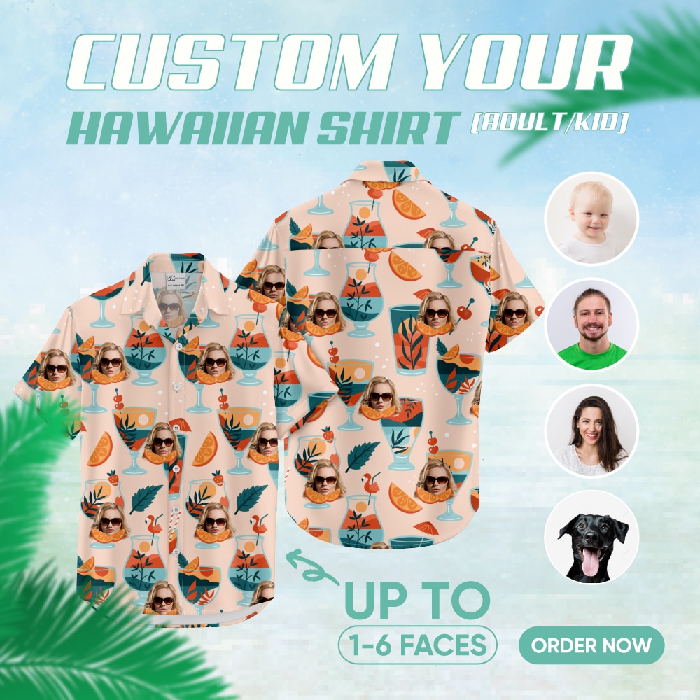custom hawaiian shirts with face, drinks, sunglasses, colorful leaves, summer