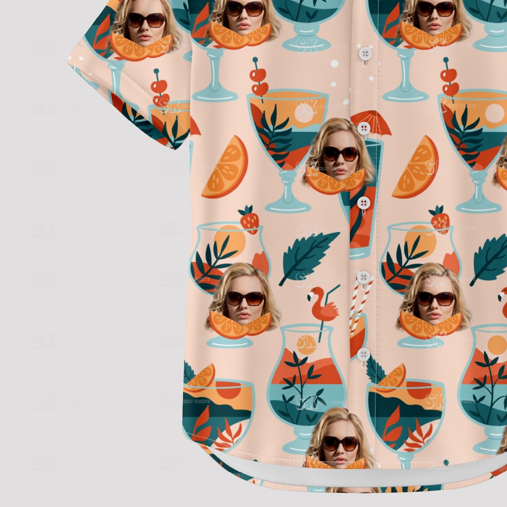 custom hawaiian shirts with face, drinks, sunglasses, colorful leaves, summer