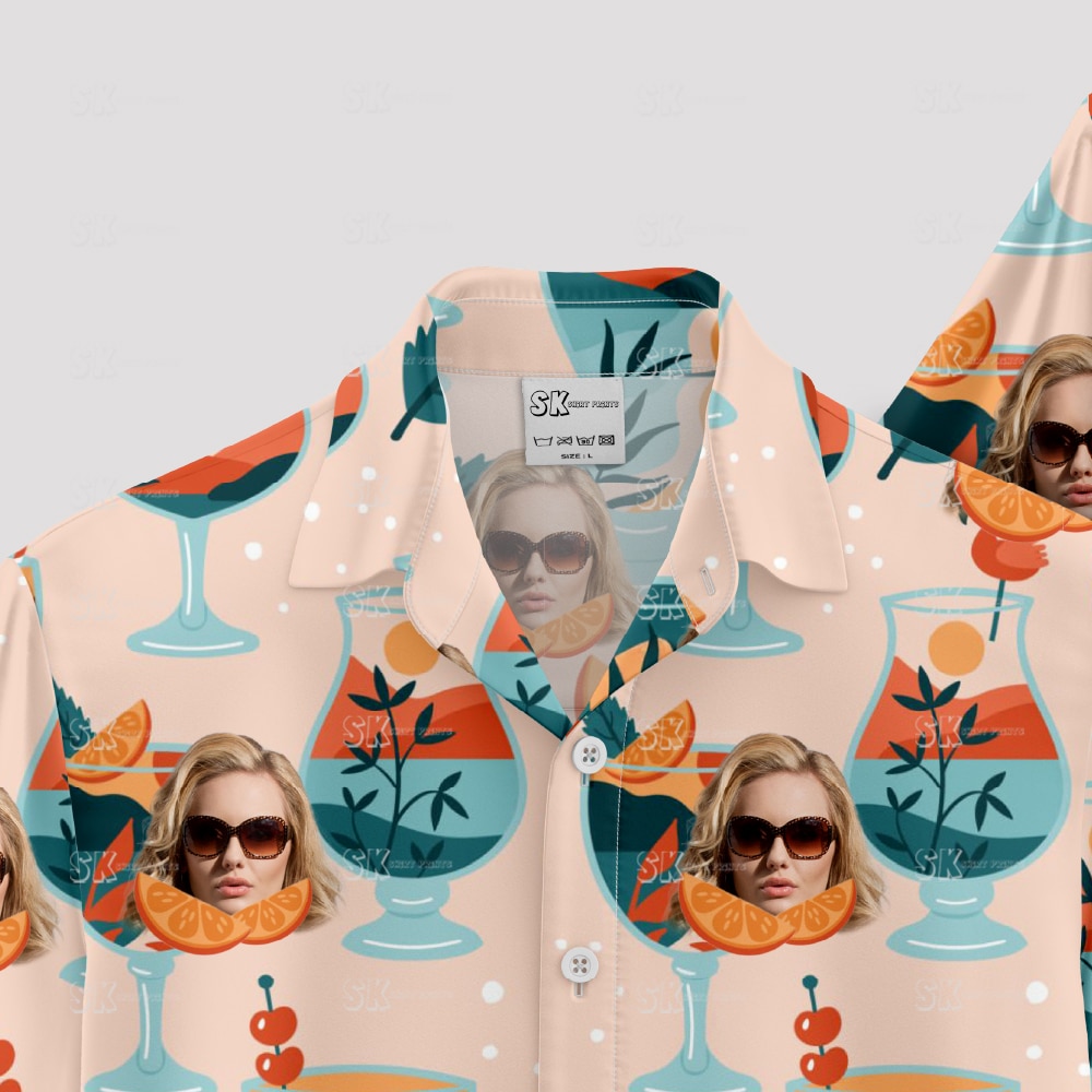 custom hawaiian shirts with face, drinks, sunglasses, colorful leaves, summer