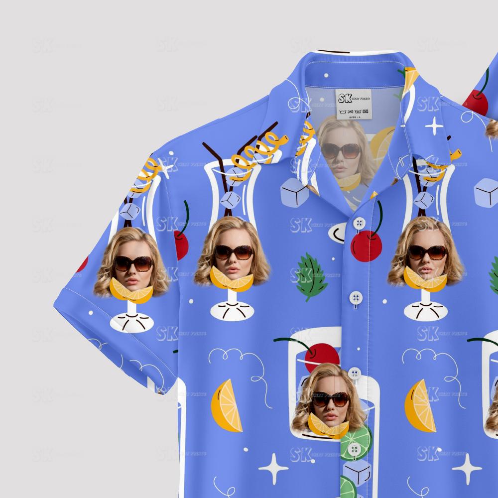 Drinking Hawaiian shirts with faces, cocktails, citrus, and leafy accents
