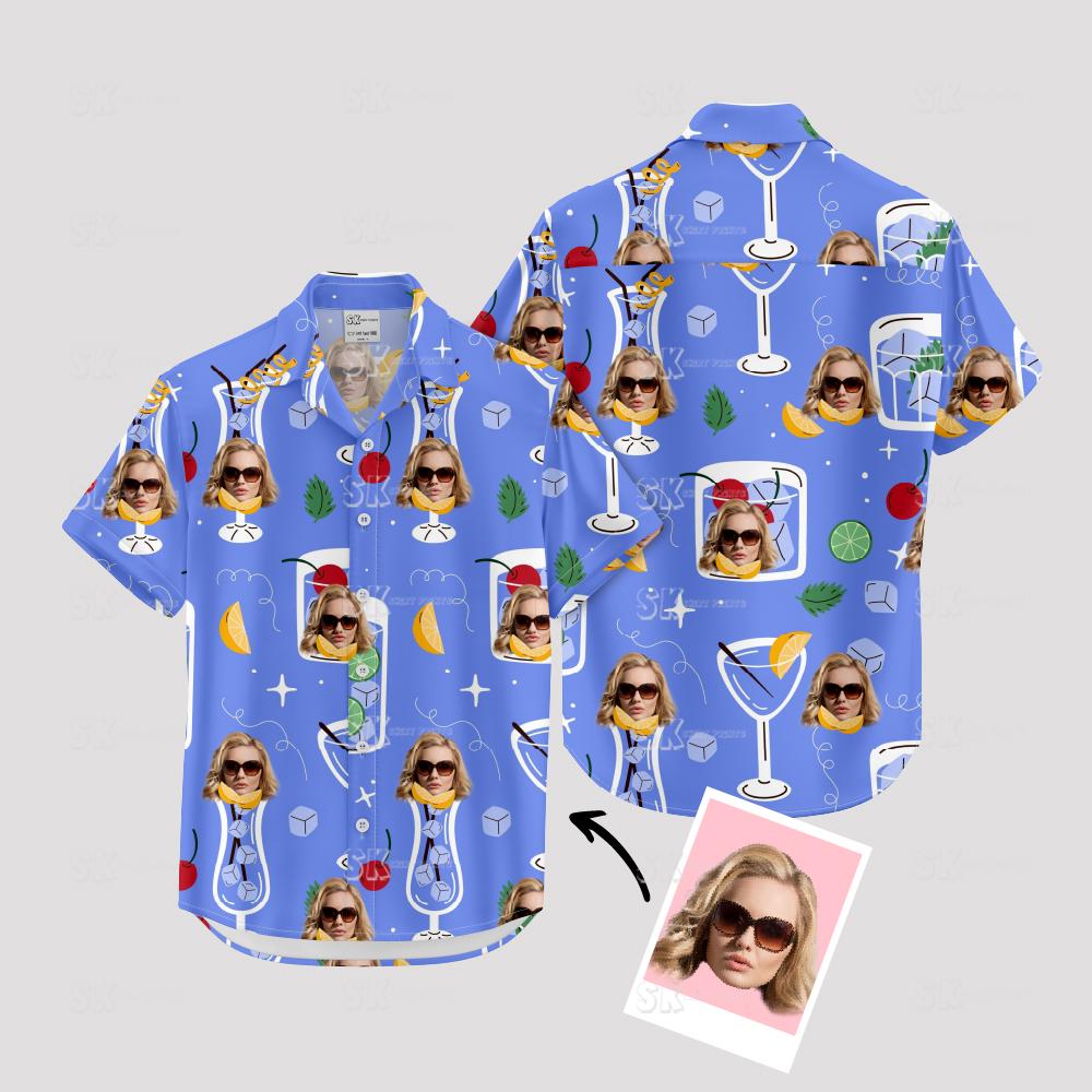 Drinking Hawaiian shirts with faces, cocktails, citrus, and leafy accents