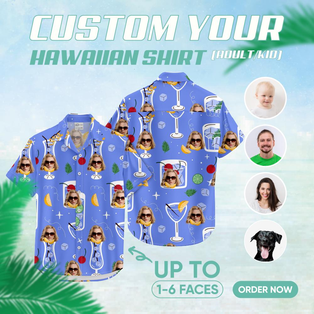 Drinking Hawaiian shirts with faces, cocktails, citrus, and leafy accents