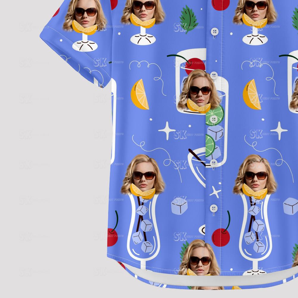 Drinking Hawaiian shirts with faces, cocktails, citrus, and leafy accents