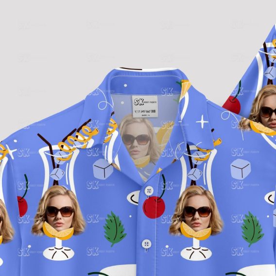 Drinking Hawaiian shirts with faces, cocktails, citrus, and leafy accents