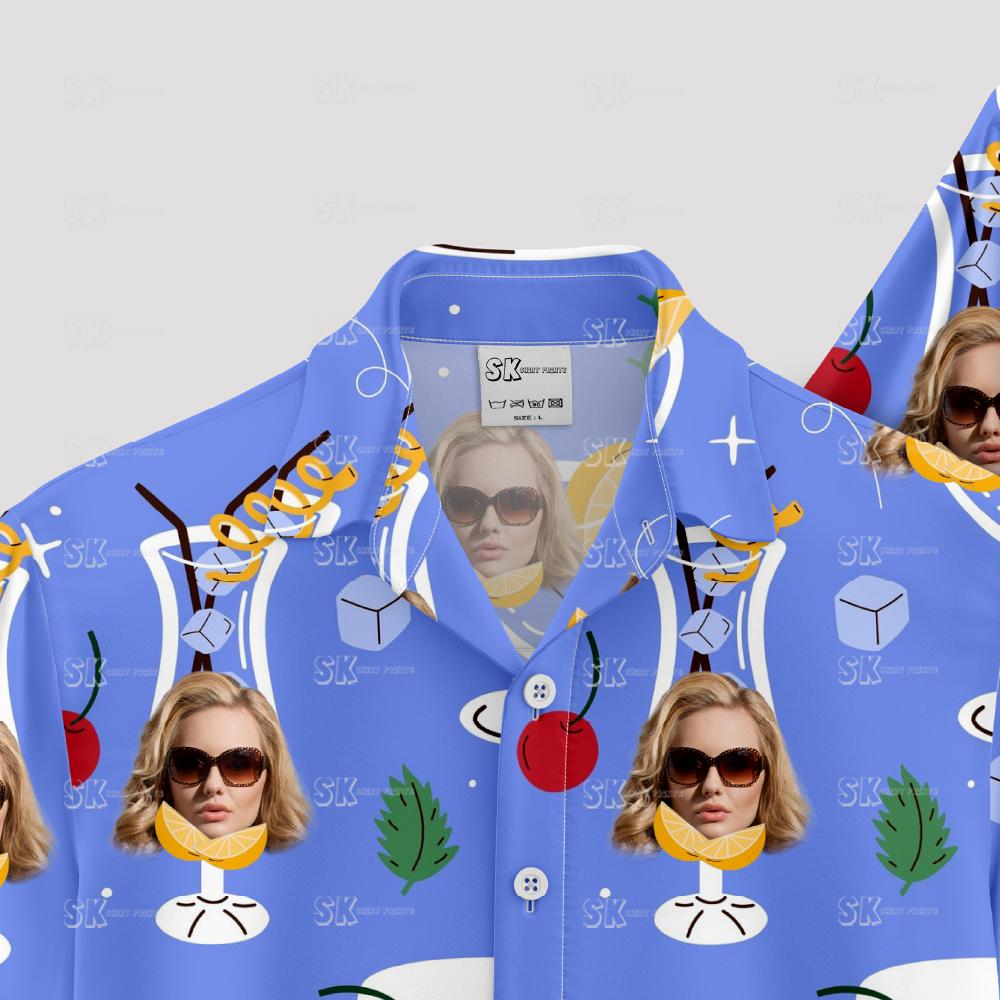 Drinking Hawaiian shirts with faces, cocktails, citrus, and leafy accents