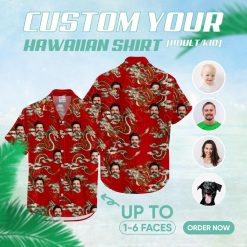 mens hawaiian shirts red with dragons, clouds, and custom face images