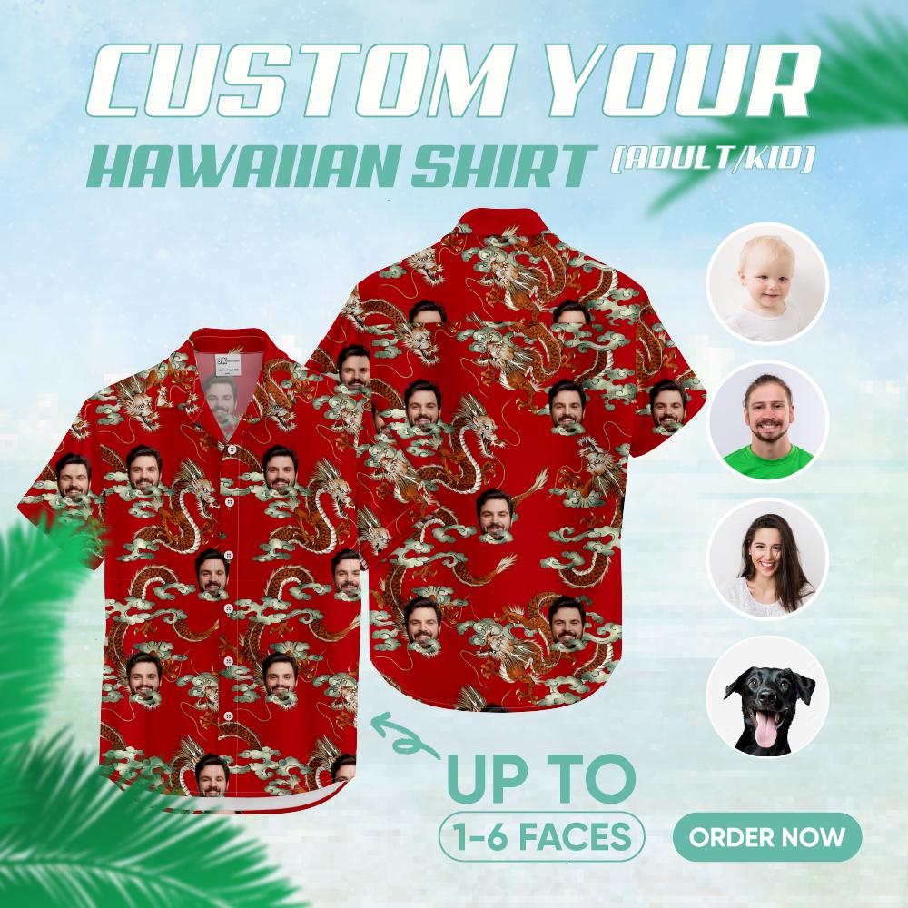 mens hawaiian shirts red with dragons, clouds, and custom face images