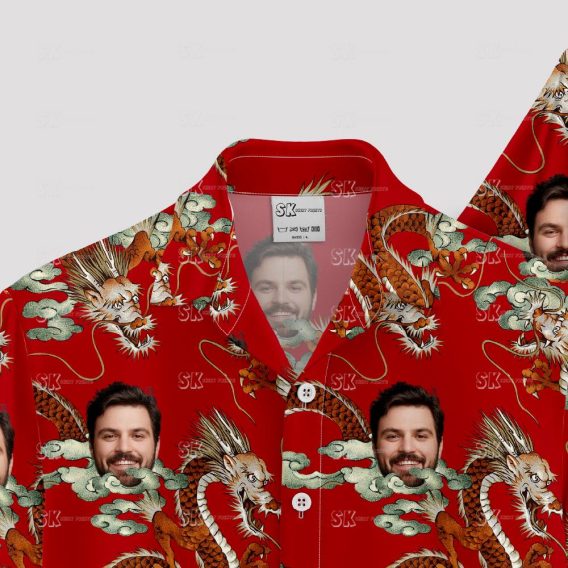 mens hawaiian shirts red with dragons, clouds, and custom face images