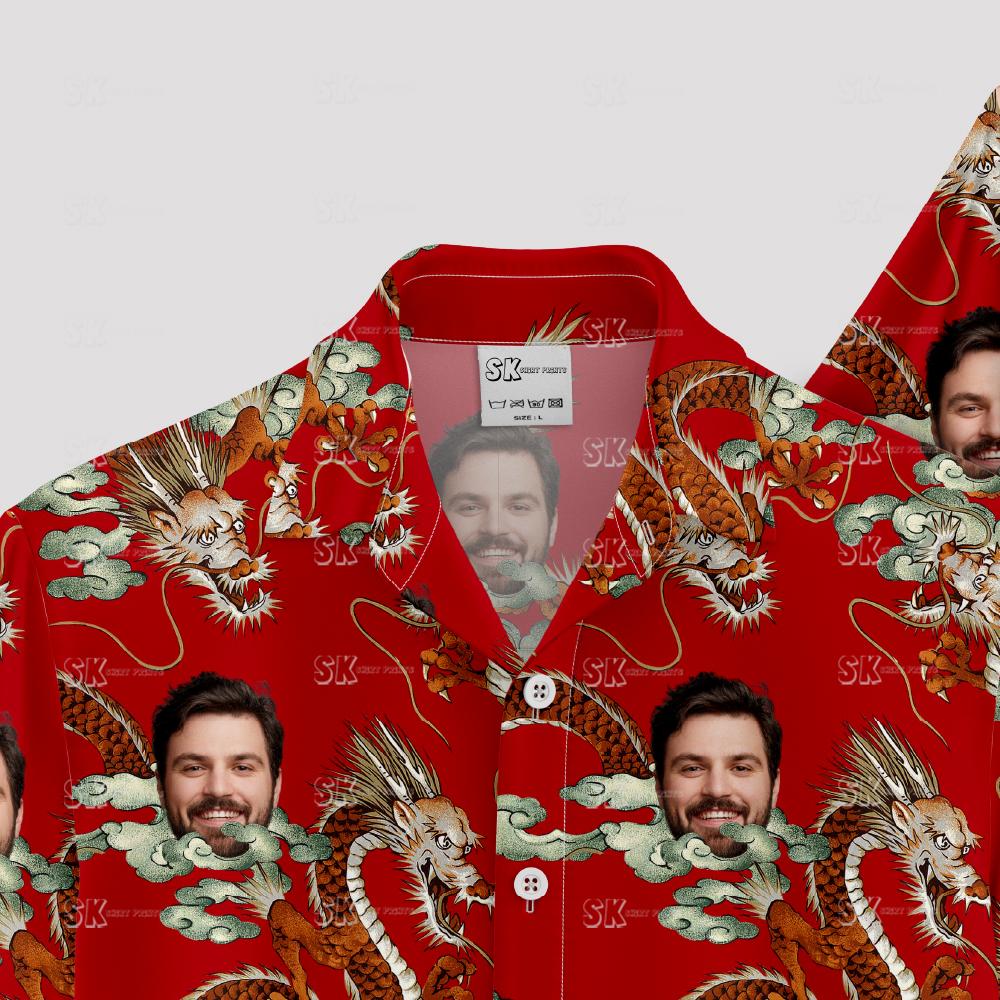 mens hawaiian shirts red with dragons, clouds, and custom face images