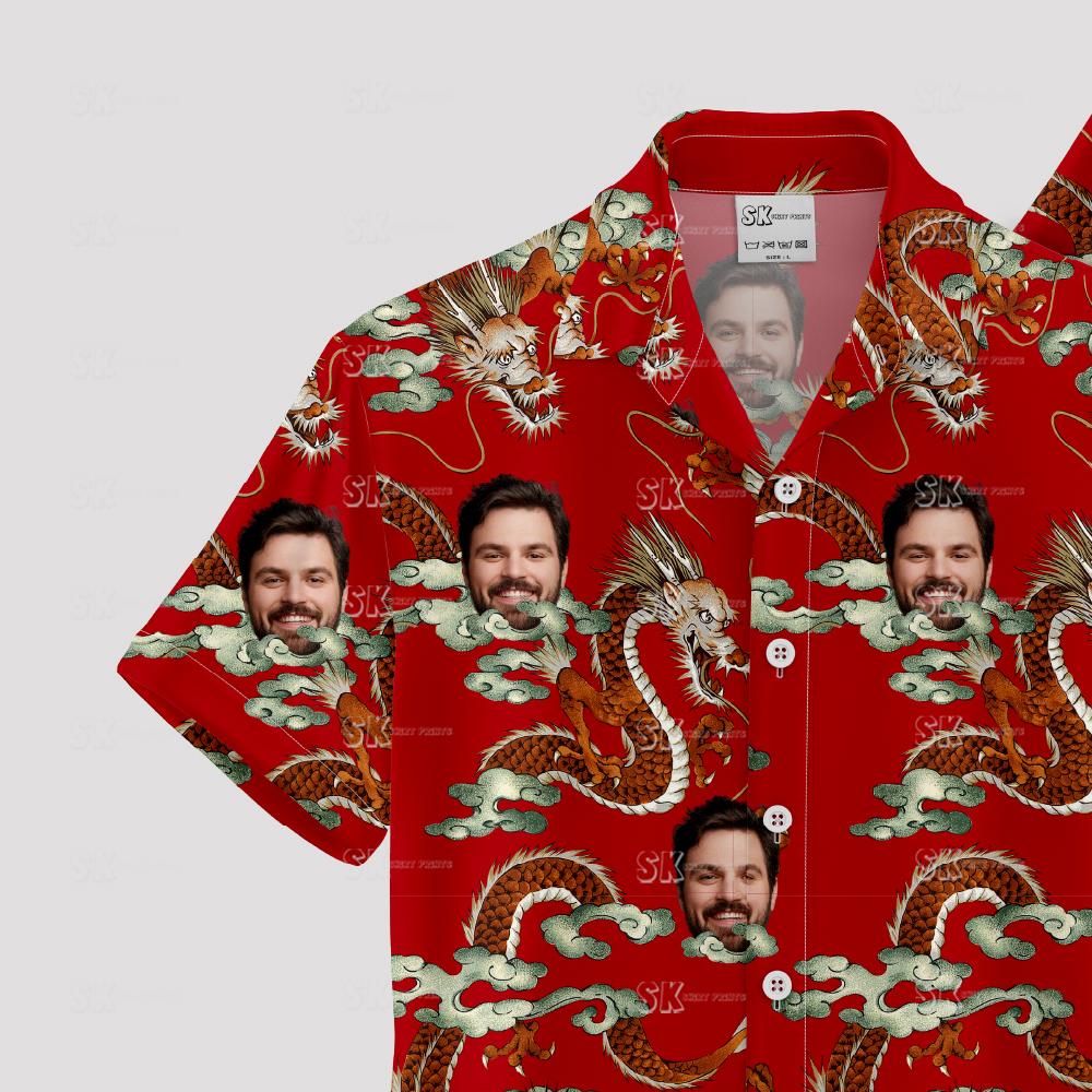 mens hawaiian shirts red with dragons, clouds, and custom face images