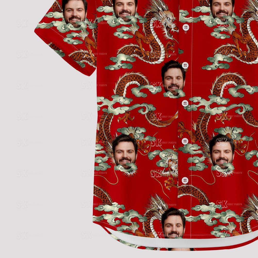 mens hawaiian shirts red with dragons, clouds, and custom face images