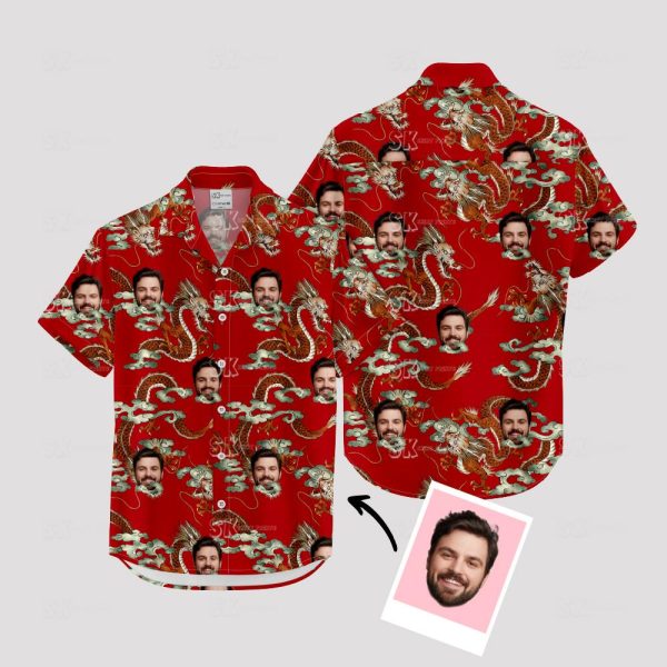 Mens Hawaiian Shirts Red – Custom Dragon Design With Your Face