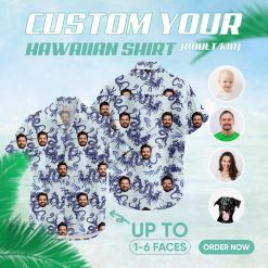 mens white hawaiian shirt with blue dragon patterns and custom face design