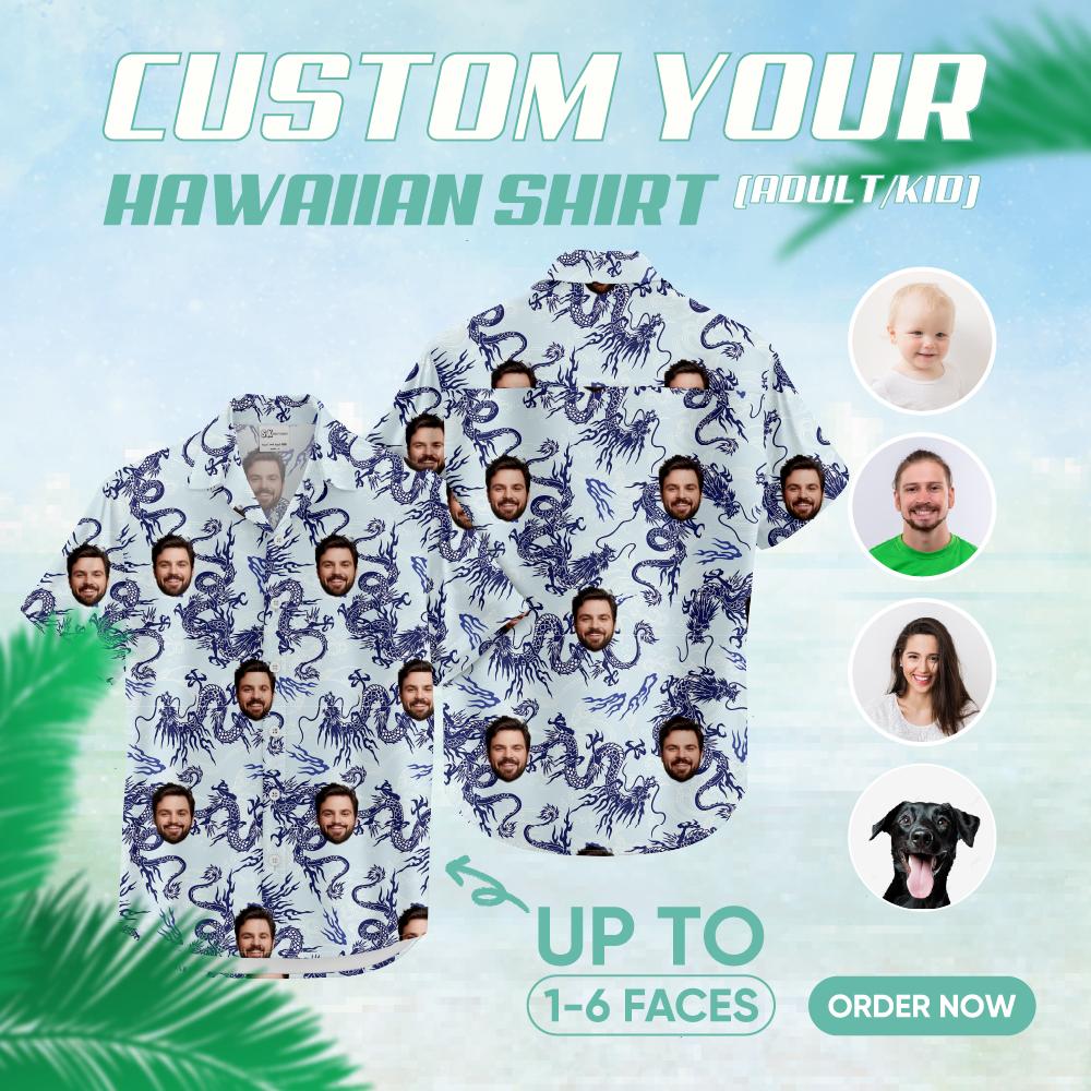 mens white hawaiian shirt with blue dragon patterns and custom face design