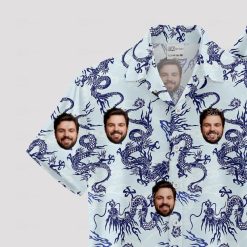 mens white hawaiian shirt with blue dragon patterns and custom face design