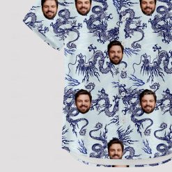 mens white hawaiian shirt with blue dragon patterns and custom face design
