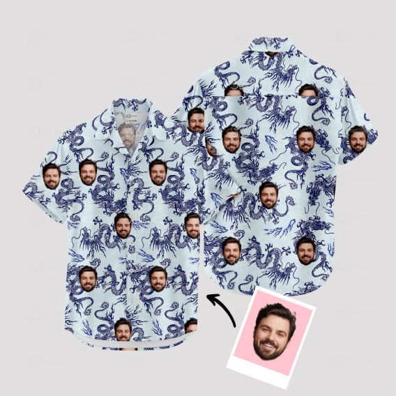 mens white hawaiian shirt with blue dragon patterns and custom face design