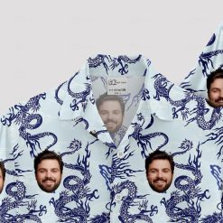 mens white hawaiian shirt with blue dragon patterns and custom face design